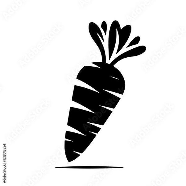 Fototapeta Silhouette of a Carrot: A stylized black silhouette of a carrot with its leafy top, presented against a clean background.  The image is minimalist and perfect for representing health, freshness.