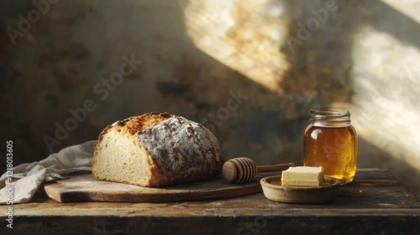 Fototapeta Rustic sourdough bread, honey, butter on wood.