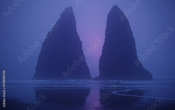Fototapeta Twin sea stacks at dusk, reflected in calm ocean water.