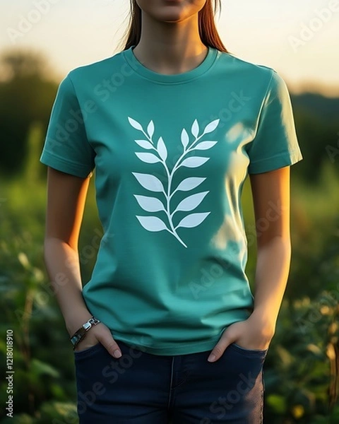 Fototapeta Woman in teal t-shirt with leaf design.