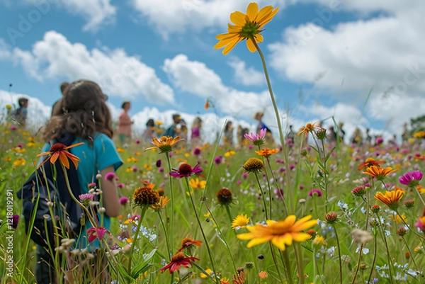 Fototapeta wildlife conservation event, a meadow with colorful wildflowers, a wildlife diversity banner fluttering, and childrens excited voices at a nature event