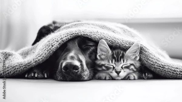 Fototapeta A cozy dog and cat snuggle together under a warm blanket, showcasing their friendship and warmth in a black-and-white setting.