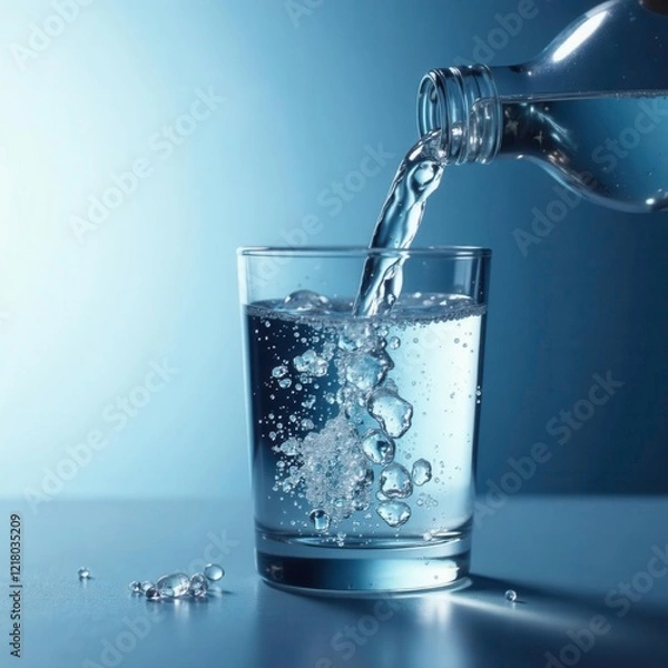 Fototapeta Glass bottle filled with cold mineral water overflows in a glass container, soothing, overflow, water