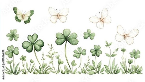 Obraz Delicate watercolor illustration of green clovers and butterflies against a white background, ideal for nature themes