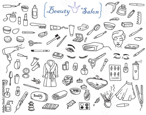 Fototapeta Hand-drawn line art collection of the different beauty objects. Kits of the beauty salon doodles. Four sets of the beauty icons on the white background.