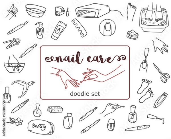 Fototapeta Hand-drawn doodles set of the different nails care drawings. Instruments and equipment for the nail in the beauty salon. Line art kit