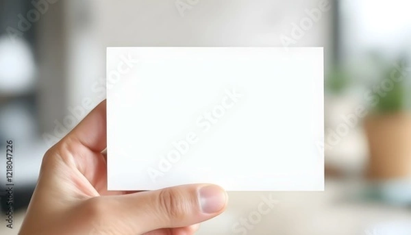 Fototapeta A hand holding a blank white card, close-up focus, with a blurred professional background, creating a clean and minimalistic look.