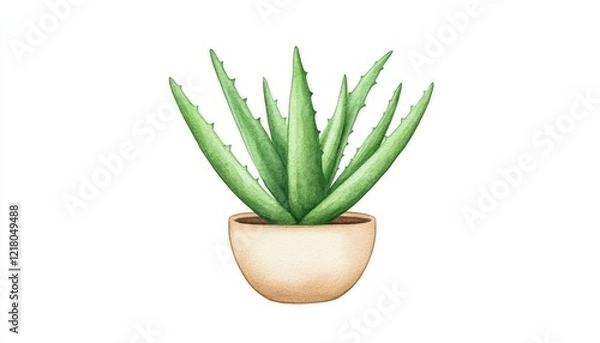 Obraz A vibrant aloe vera plant in a simple pot, showcasing its lush green leaves against a white background