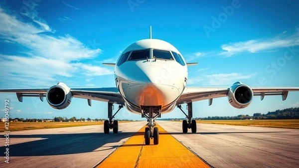Fototapeta Jet Plane Taxiway Blue Sky Front View AI Photo, High Quality, Realistic
