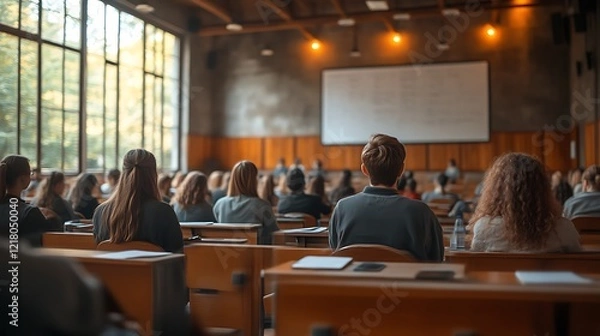 Fototapeta Students attending lecture in large hall.