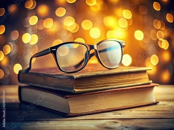 Fototapeta Bokeh Photography: Glasses & Books, Cozy Reading, Soft Focus, Blurred Background, Literary Aesthetic, Stack of Books, Spectacles, Eyeglasses, Closeup, Depth of Field