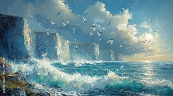 Fototapeta Dramatic seascape painting of white cliffs, crashing waves, and flock of birds in flight under a cloudy sky.