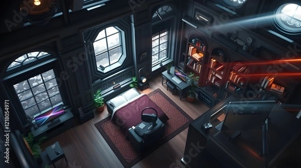 Fototapeta isometric render, nostalgic bedroom with a gaming pc, windows, plants bookshelves, desk, 3d art, muted colors, perfect lighting, high detail, concept art, behance, night time