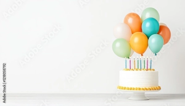 Fototapeta Festive birthday cake adorned with colorful balloons and candles, set against a clean backdrop