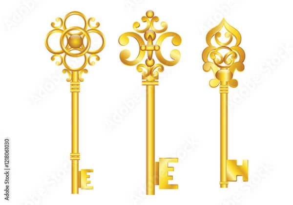 Fototapeta Set illustration of three ornate vintage-style golden keys. Each key showcases intricate designs on its bow and bit, symbolizing elegance and timeless craftsmanship. Perfect for design projects