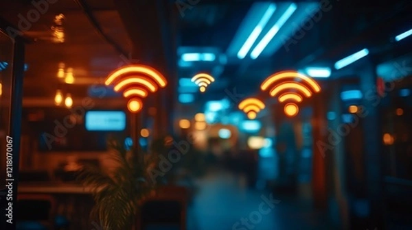 Fototapeta Indoor WiFi network signs in a modern cafe or restaurant at night. Blurry background with neon lights.