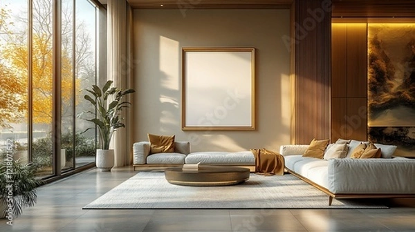 Fototapeta Modern Living Room with Autumnal View