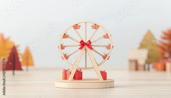 Obraz A whimsical wooden ferris wheel adorned with gifts, set against a serene autumn landscape