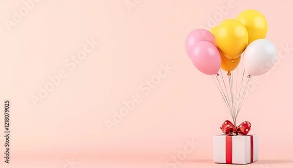 Fototapeta Colorful balloons tied to a gift box on a soft pink background, perfect for celebrations