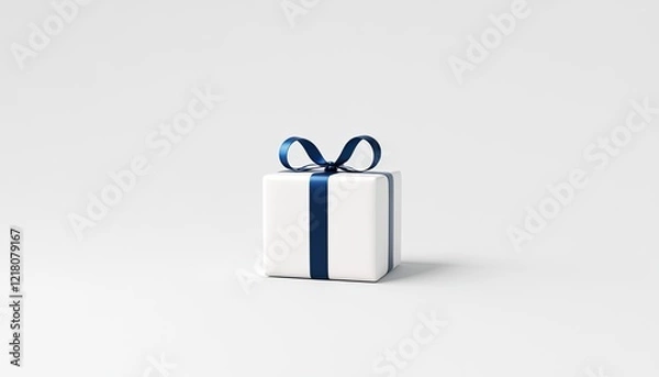 Obraz A beautifully wrapped white gift box with a blue ribbon, set against a minimalistic background