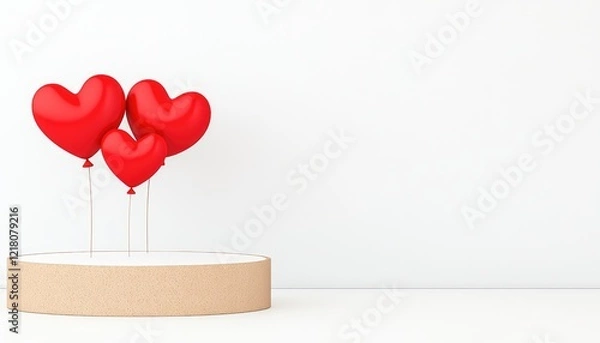 Obraz Three red heart-shaped balloons on a minimalist platform against a white background, evoking love