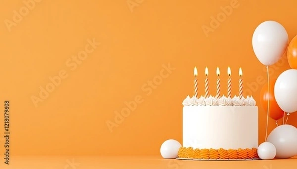 Fototapeta A festive birthday cake with candles surrounded by white and orange balloons on a vibrant backdrop