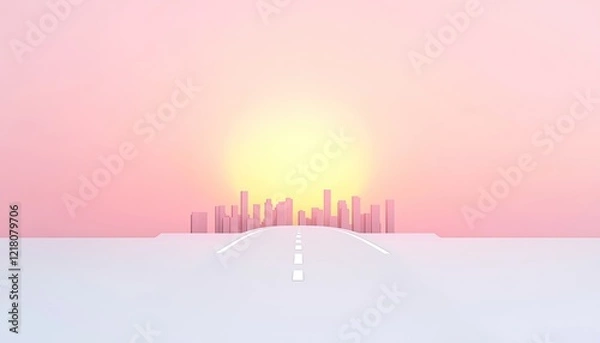 Obraz Serene sunset over a city skyline with a smooth road leading towards the horizon