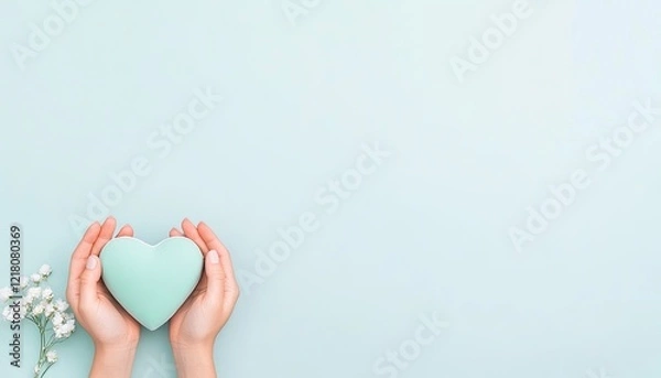 Obraz Two hands gently holding a mint green heart-shaped object against a soft pastel background