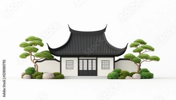 Fototapeta Traditional Asian-style building surrounded by lush greenery and decorative stones in a serene setting