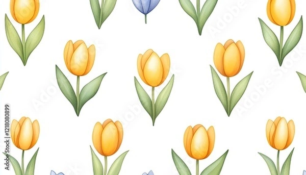 Obraz Colorful floral pattern featuring yellow and blue tulips on a white background, ideal for fabric design