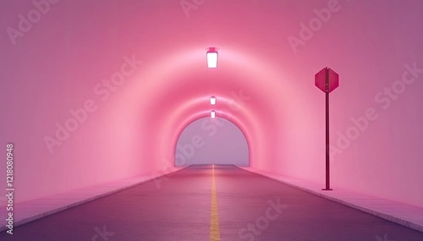 Fototapeta A vibrant pink tunnel with street lamps illuminating a clear road leading to an unknown destination