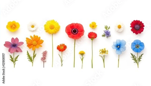 Obraz A vibrant arrangement of colorful flowers showcasing various species and sizes against a white backdrop