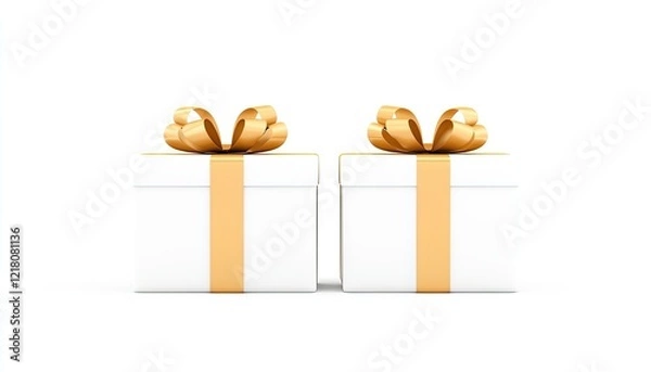 Obraz Two elegantly wrapped white gift boxes with golden bows, set against a minimalist background