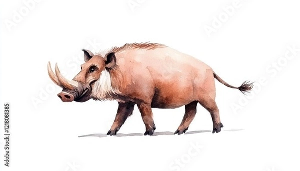 Fototapeta A watercolor illustration of a wild boar walking gracefully across a white background
