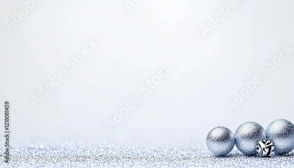 Obraz Silver decorative balls on a shimmering surface with a soft-focus background, ideal for festive themes