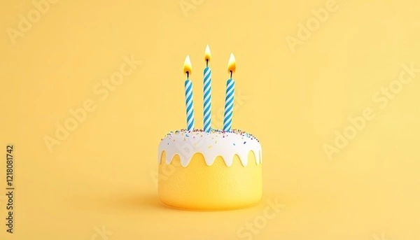 Fototapeta A vibrant yellow birthday cake with three candles and colorful sprinkles on a simple backdrop