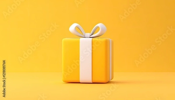 Fototapeta A vibrant yellow gift box with a white ribbon, set against a matching yellow background, ideal for celebrations