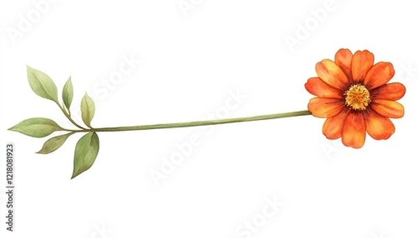 Fototapeta Vibrant orange flower with green leaves on a white background, ideal for botanical illustrations