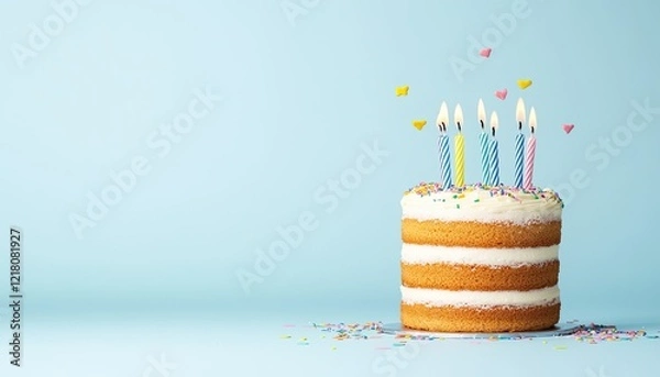 Fototapeta A colorful birthday cake with candles and sprinkles on a light blue background, celebrating joy