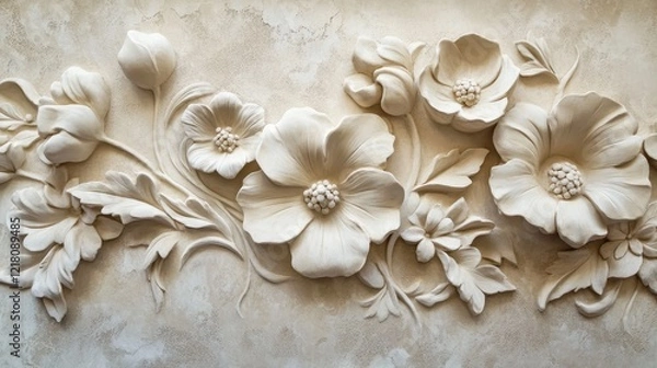 Obraz Decorative wall relief featuring intricate floral designs crafted from plaster in a modern interior setting