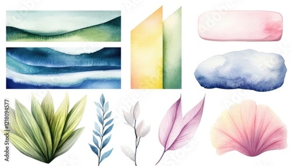 Obraz A collection of vibrant watercolor illustrations featuring abstract landscapes and botanical elements