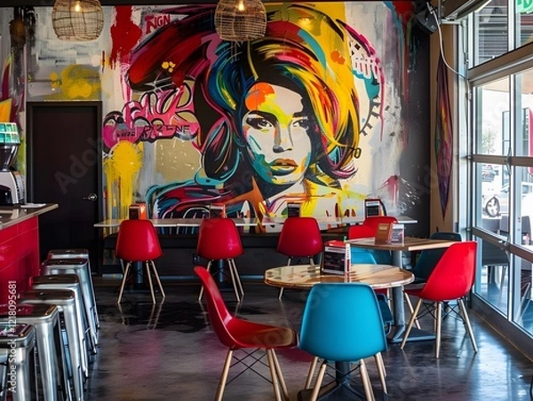 Obraz Illustration of Anti-Design Trendy Cafe": A hip cafe with mismatched furniture, bold color palettes, and abstract wall art, offering a unique and trendy atmosphere for patrons. Ai Generate.
