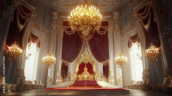 Fototapeta opulent throne room, adorned with intricate golden chandeliers and regal crimson drapes, exudes an aura of grandeur and power fit for royalty in this stock photo 