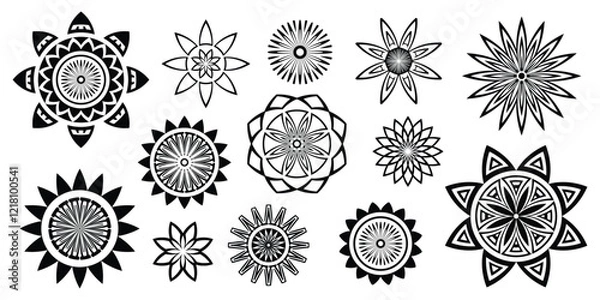 Fototapeta Set of geometric flowers isolated on white background, stylized flowers, round ethnic elements, vector design