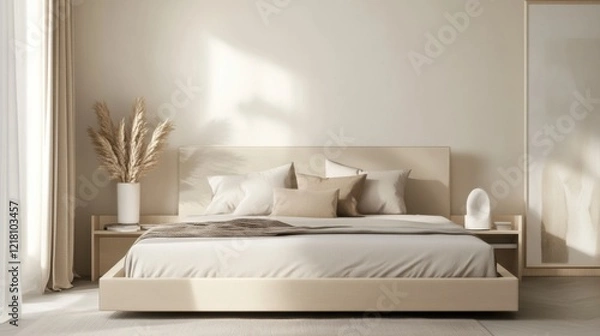 Fototapeta Minimalist bedroom with a platform bed and neutral colors. Featuring clean lines and a clutter-free space. Highlighting simplicity and comfort. Ideal for interior design blogs.