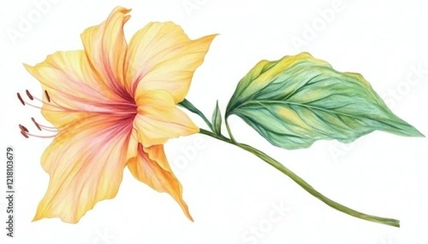 Obraz Vibrant watercolor illustration of a hibiscus flower with lush green leaves on a white background