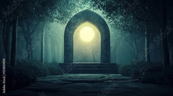 Fototapeta Shahada glowing softly above a sacred grove, symbol of spiritual guidance, 3D illustration