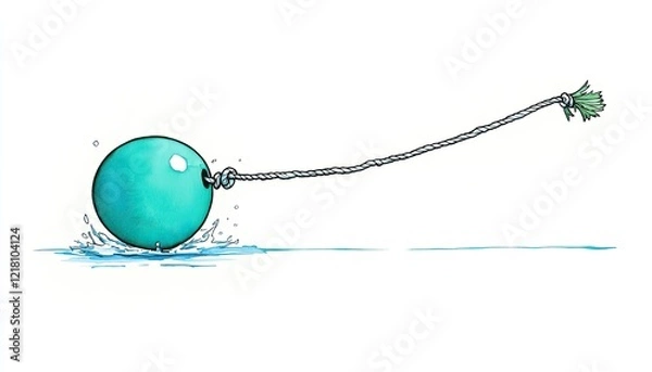 Fototapeta A playful turquoise buoy bobbing on water, tethered by a rope, surrounded by a serene aquatic landscape