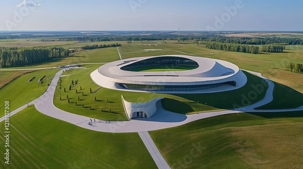 Fototapeta A modern sports complex with indoor courts, large outdoor stadium, and clean walking paths, surrounded by green lawns and trees