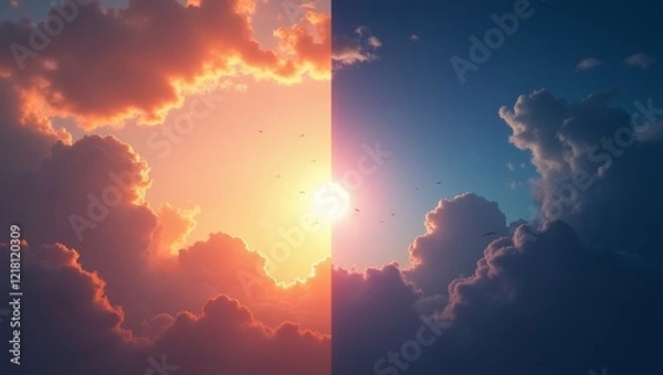 Fototapeta divided into two halves a different time of day half represents daytime warm sky orange pink hues fluffy clouds bright sun right half represents nighttime cool sky purple hues dark clouds  full moon